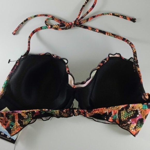 Multicolor Snake Print Padded Halter Bikini Top With Ruffled Trim & Back Tie Clo - Picture 5 of 7